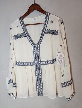 NWT Maette Embroidered Blouse Prairie Peasant Boho Chiffon Ivory Blue Size XL